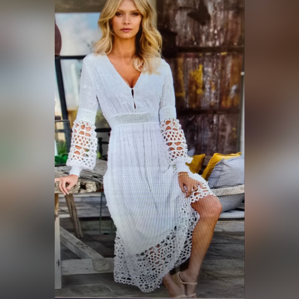 Boston Proper White Maxi Dress with Bishop Sleeves and V-Neck